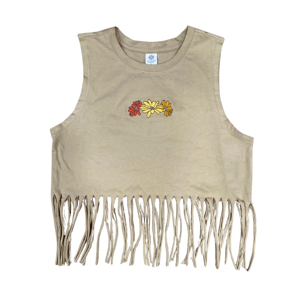 Boho Fringe Tan Floral Embroidered Crop Top La Luna 1991 Graphic Tank Top S